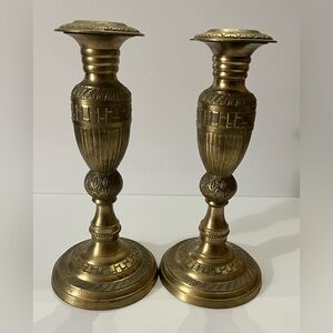 2 Vintage Elegant Brass Candle Stick Holders, Ornate Design MCM style 10”